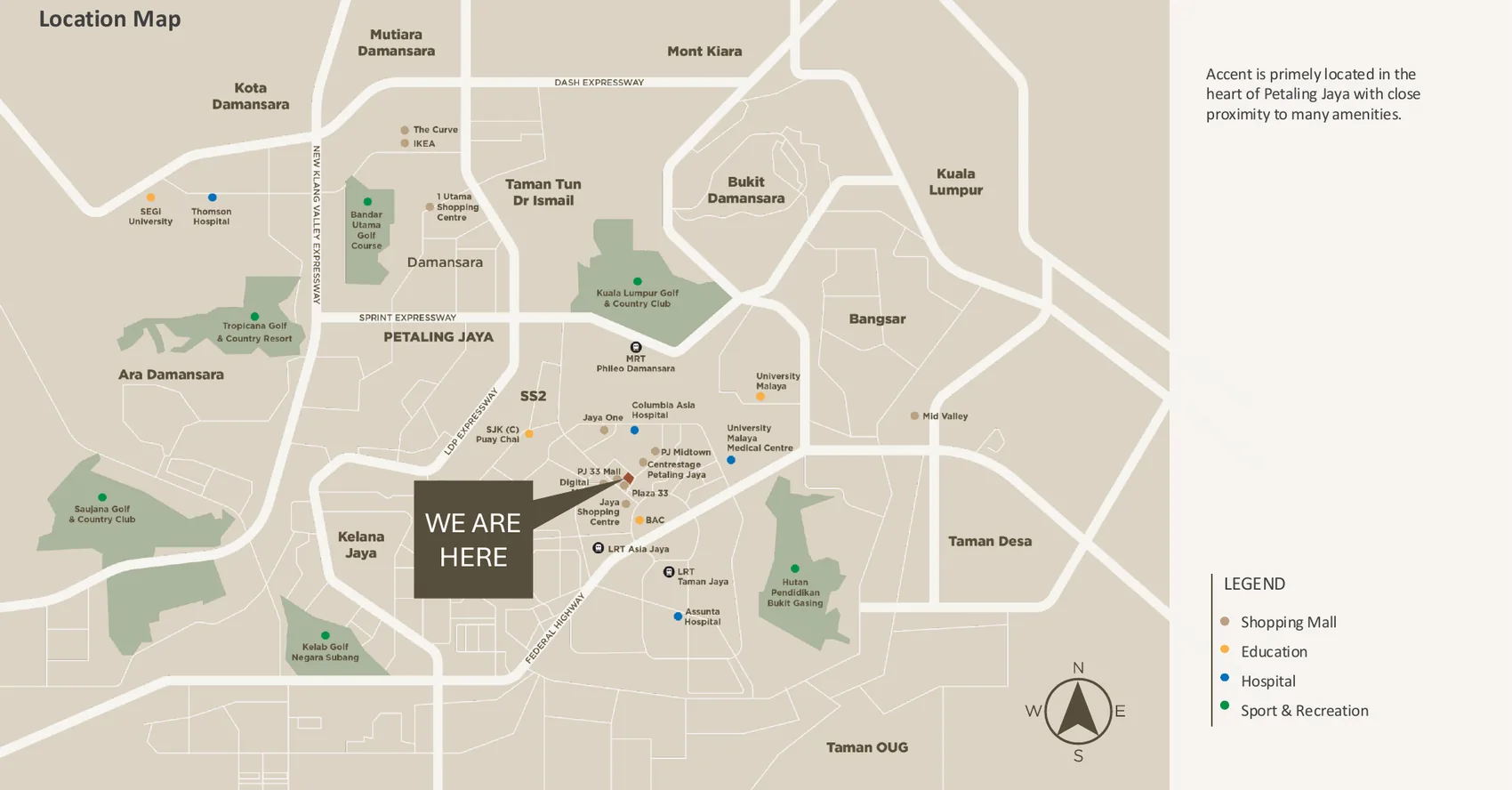 Location map of Accent PJ within Petaling Jaya, marked against Jaya One, Columbia Asia Hospital, Asia Jaya LRT, Phileo Damansara MRT and the Federal Highway.